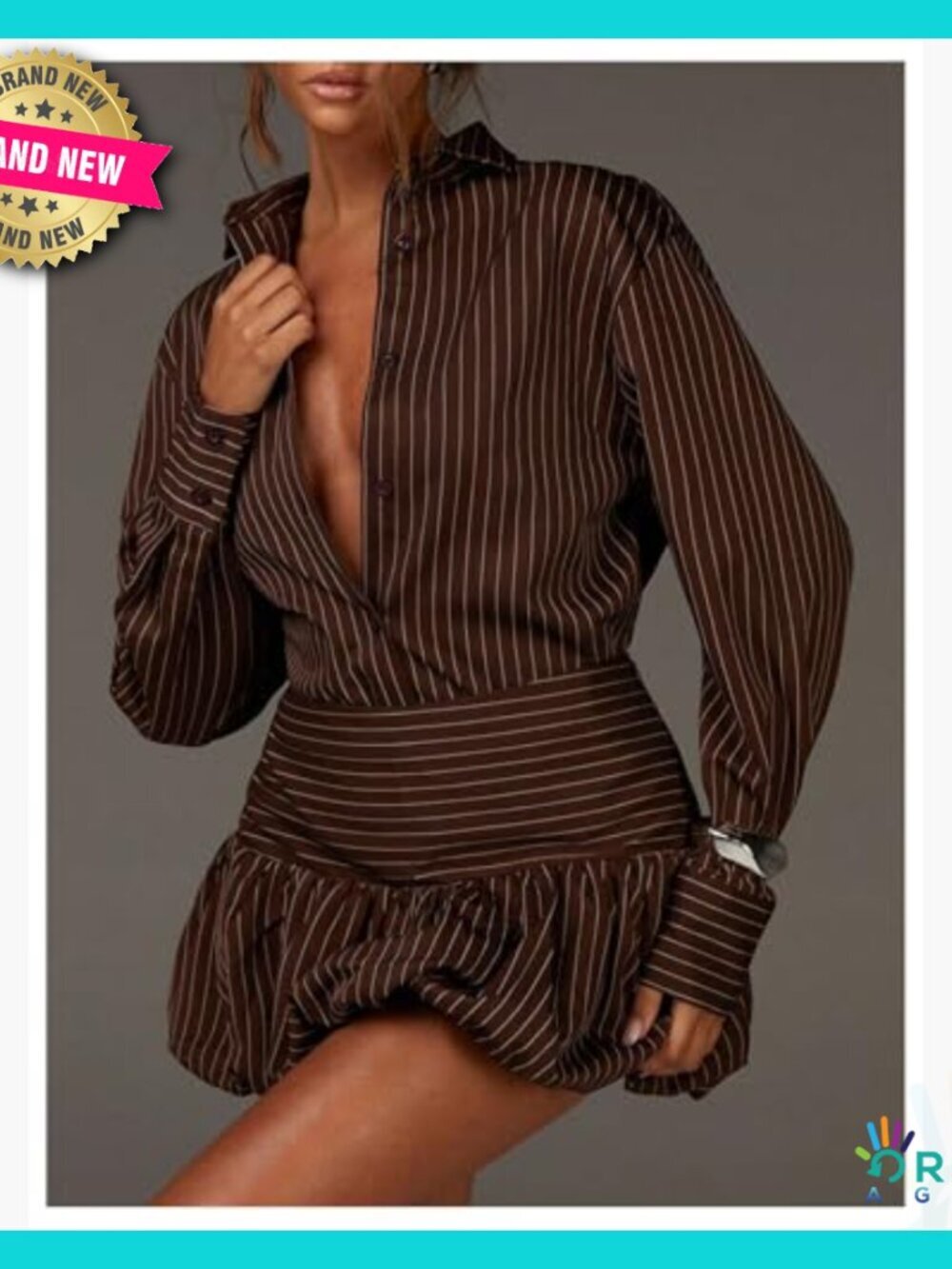 Striped Long Sleeve Button Down Shirt and Bubble Mini Skirt Set Y2K Chic - Picture 2 of 5